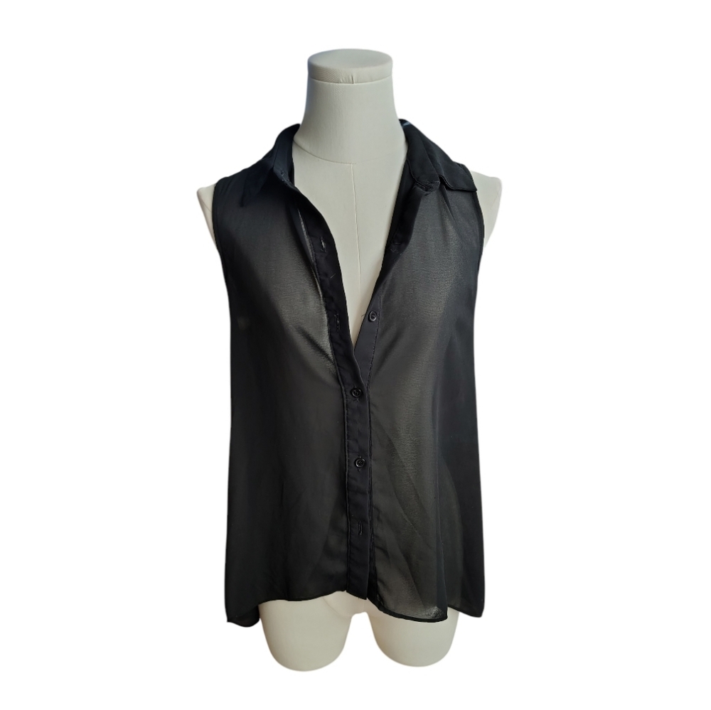 Sans Souci High Low Sheer Black Sleeveless Cinched Button Down Blouse Size Small